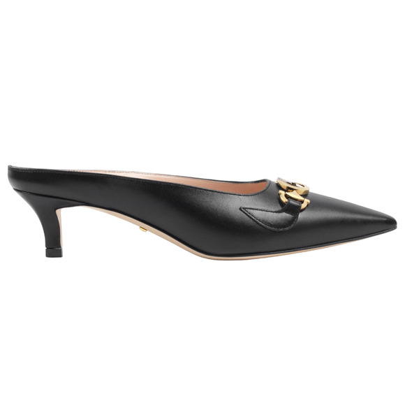 Gucci Zumi Black Leather Silver Gold GG Kitten Heel Mule Slide Loafer Pump 37 - Picture 1 of 12